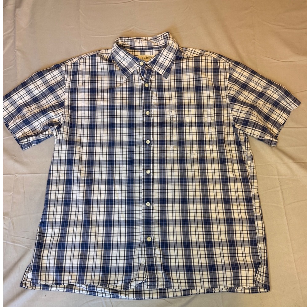 J. Crew Mens Blue White Plaid Short Sleeve Button Down Cotton Shirt Size L 60123